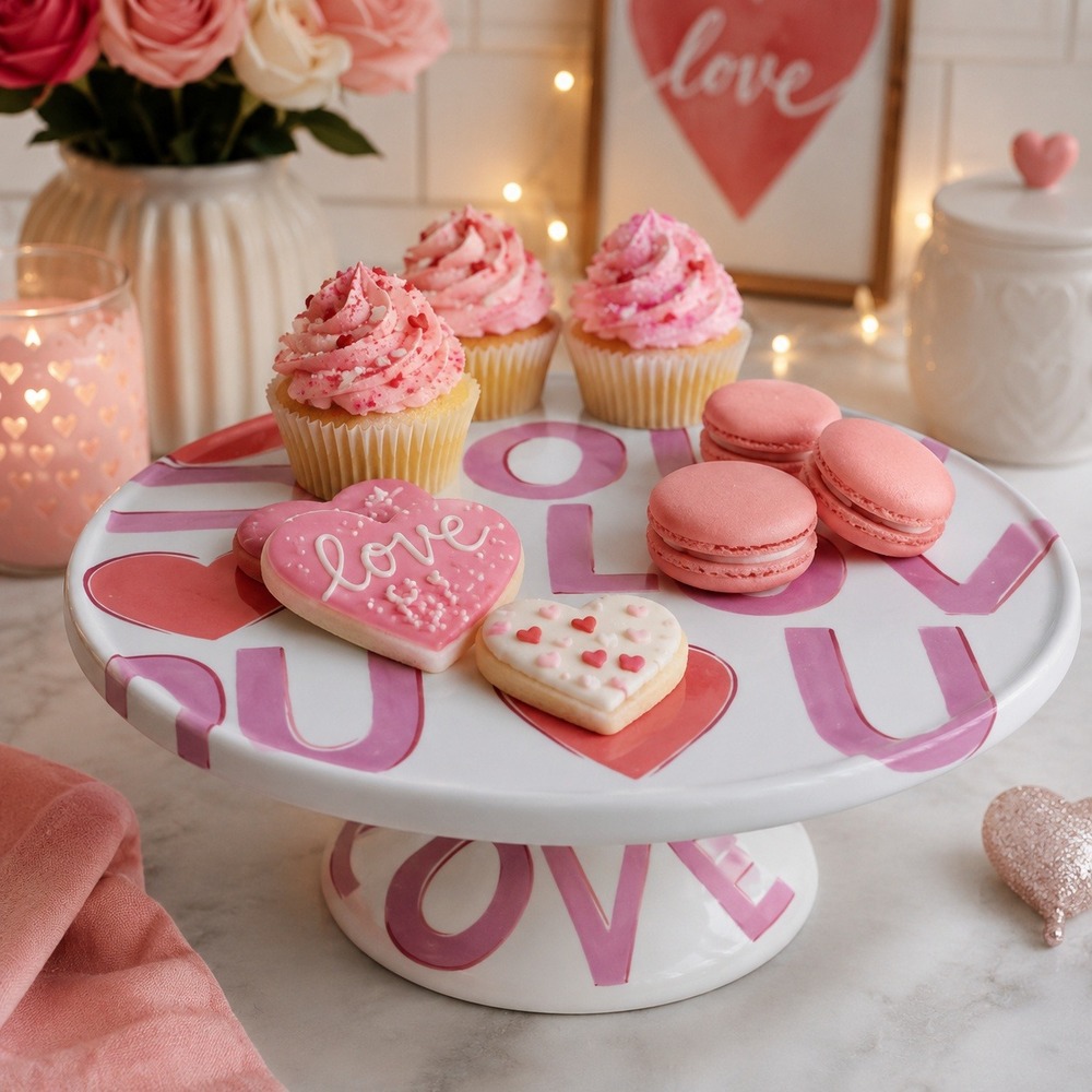 Home I Love You Valentines Day Cake Stand 11 inch Ceramic Heart Display Pedestal